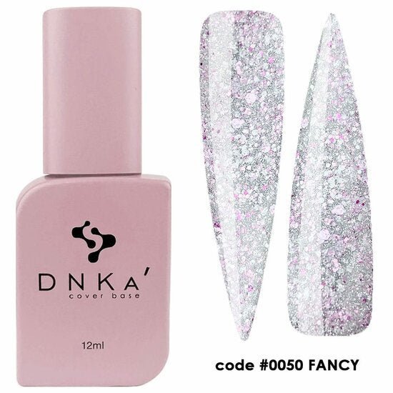 DNKa glitter nagelbasis Fancy in roze flesje met glinsterende zilveren swatches voor nagels