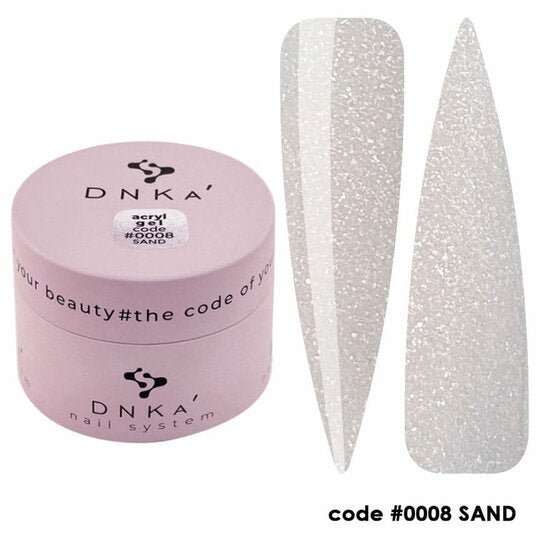 Acryl gel DNKa sand in roze potje met glinsterende zandkleurige nagelstalen