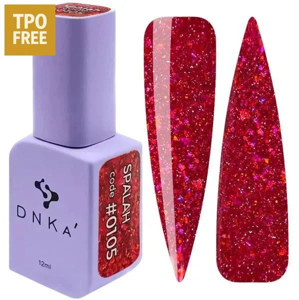 DNKa box set nagellak met glinsterende rode glitterlak en TPO vrije formule in een paarse fles