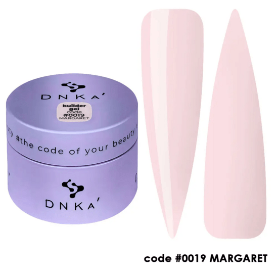 Builder gel DNKa Margaret in lila potje met zachte roze nagelstalen voor manicure