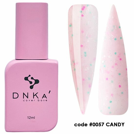 DNKa Candy Cover Base 12ml flesje en kleurstalen met roze en blauwe glitter