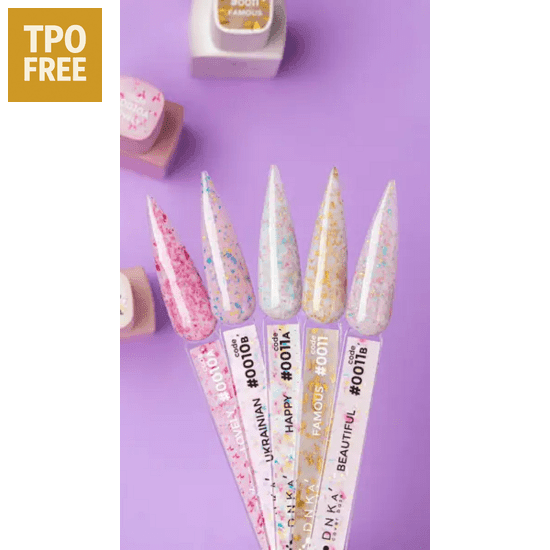 DNKa cover base 12ml biab samples met verschillende glitterkleuren en TPO vrije formule
