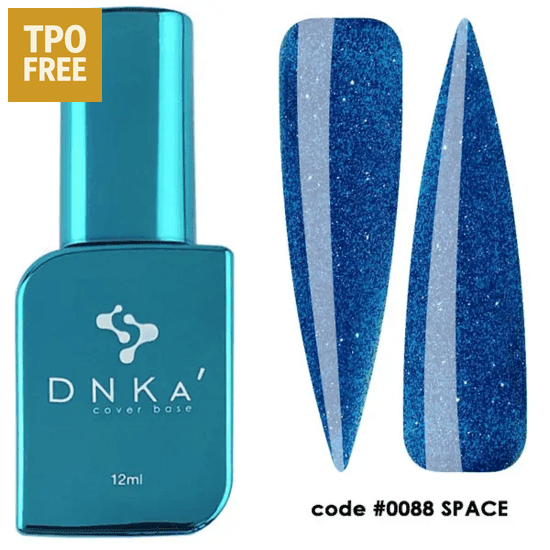 DNKa Cover Base biab blauw glanzende biab flacon en voorbeelden met glitter effect