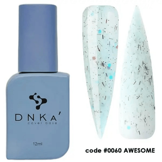 DNKa Cover Base biab blauwe fles van 12 ml met twee voorbeeld nagelstalen met glitters