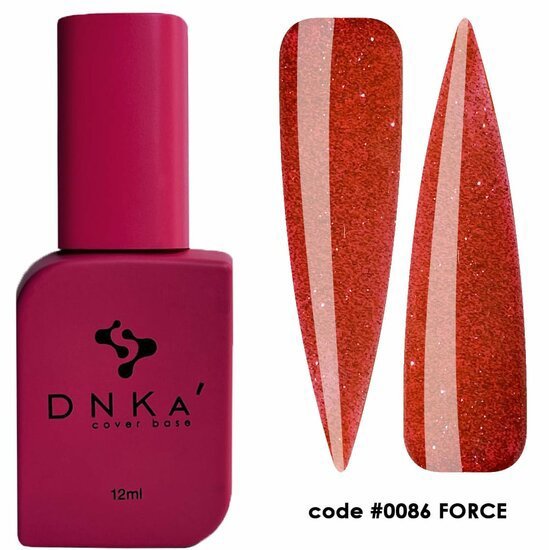 DNKa Cover Base Force flesje en glanzende rode glitternagels in langwerpige vorm