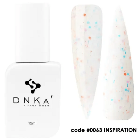 DNKa cover base gel nagellak flesje met witte basis en gekleurde confetti-decoratie