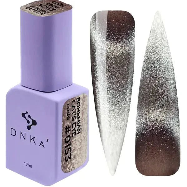 DNKa gellak cat eye effect in lilakleurige fles met twee nagelstalen in zilvergrijze tinten
