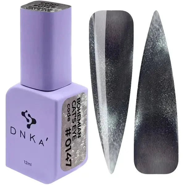 DNKa gellak cat eye effect in paarse verpakking met glanzende zwartgrijze nagelstalen