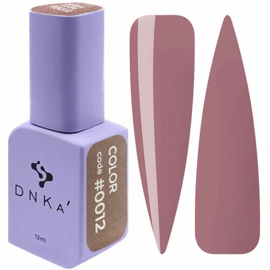 flesje gellak DNKa 12ml in mauve kleur met kleurcode 0012 en twee kleurstalen