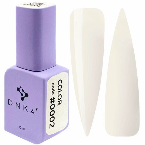 Gellak wit 0002 DNKa in paarse fles met twee witte nagelstalen voor nagelkunst