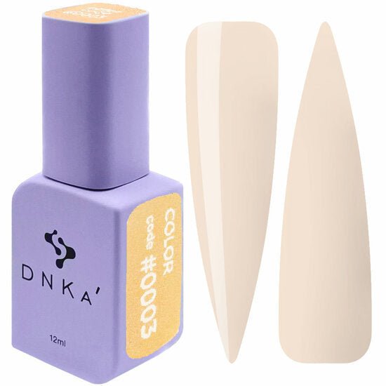 Paars flesje gellak zonder TPO DNKa met kleurcode 0003 en twee nagelstalen in beige tint