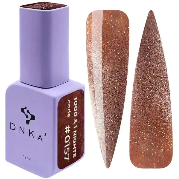 DNKa nagellak bruin glitter in een paarse fles met twee nagelstalen met glinsterende bruine kleur