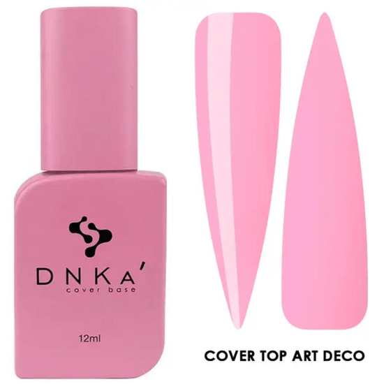 DNKa top cover finish 12ml in zachte roze kleur met glanzende afwerking en twee nagelstaal voorbeelden