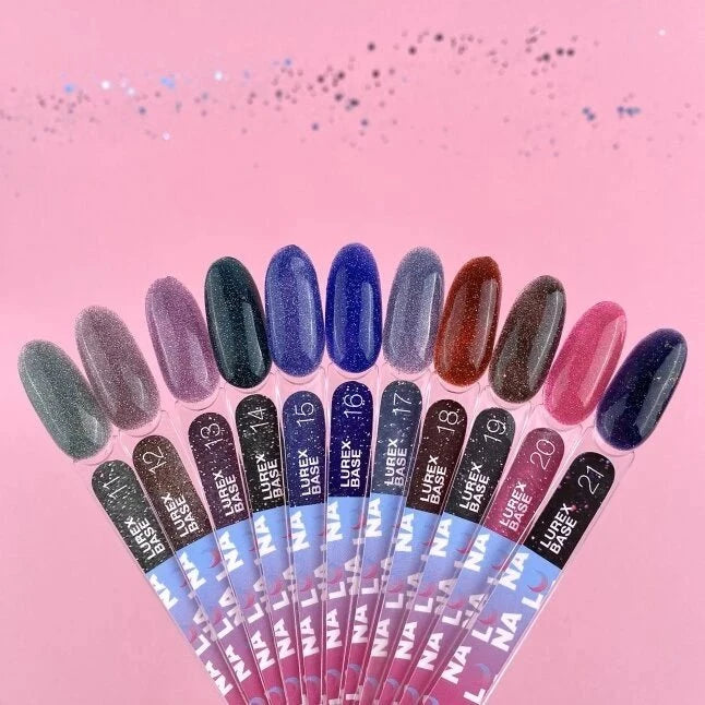 Kleurrijke nagelstalen met LUNA Lurex Base gel in verschillende trendy tinten en glans