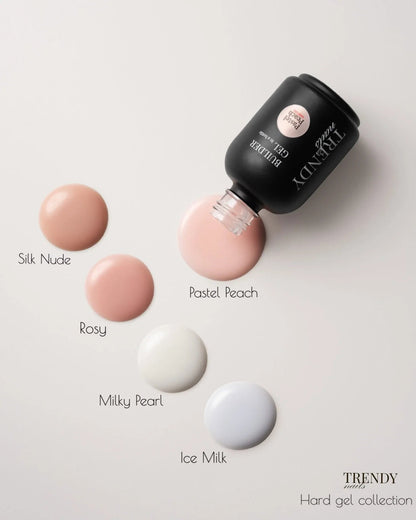 Trendy Nails Builder Gel Milky Pearl en andere gelkleuren op een tafel voor nagelstyling