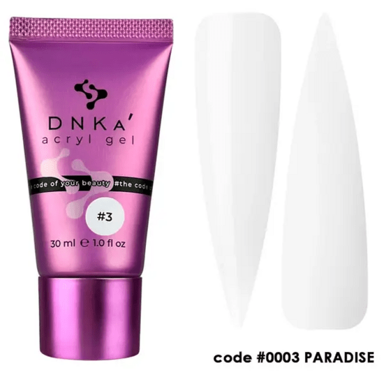 DNKa acryl gel wit voor nagels in paarse tube 30 ml met twee voorbeelden van witte nagelstijlen