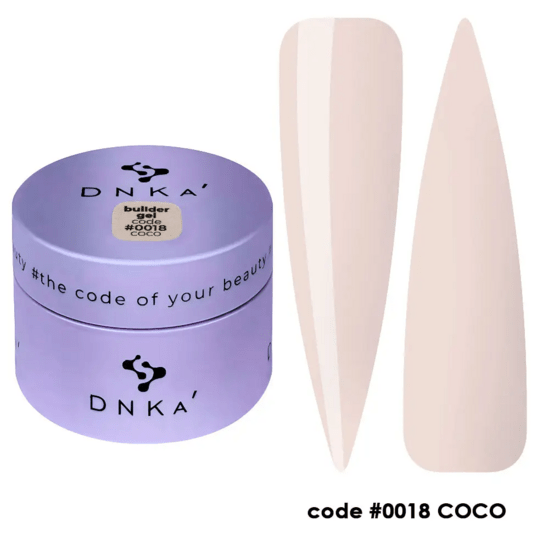builder gel DNKa Coco 30ml in paarse verpakking met twee nagelproeven in zachte beige kleur