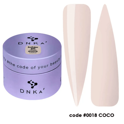builder gel DNKa Coco 30ml in paarse verpakking met twee nagelproeven in zachte beige kleur