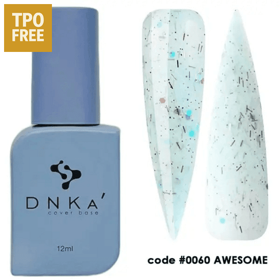 DNKa Cover Base biab blauwe fles van 12 ml met twee voorbeeld nagelstalen met glitters
