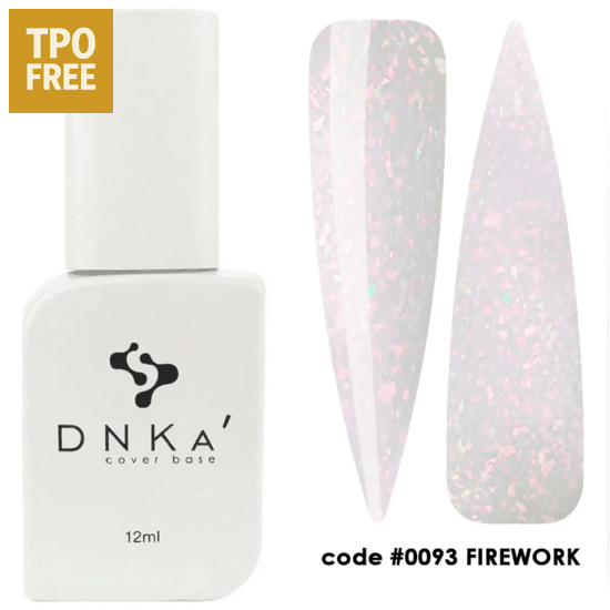 DNKa Cover Base Firework kopen witte base met roze glittereffect code 0093 12ml flesje en nail swatches