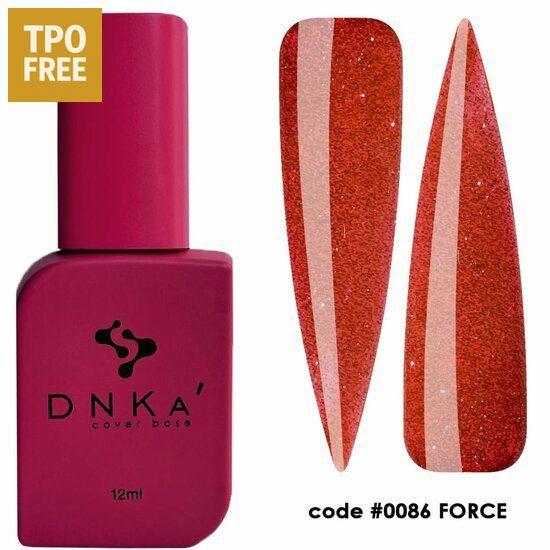 DNKa Cover Base Force flesje en glanzende rode glitternagels in langwerpige vorm