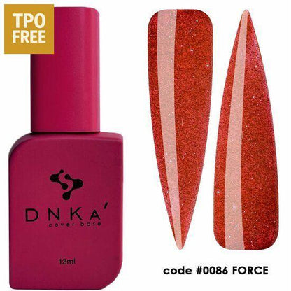 DNKa Cover Base Force flesje en glanzende rode glitternagels in langwerpige vorm