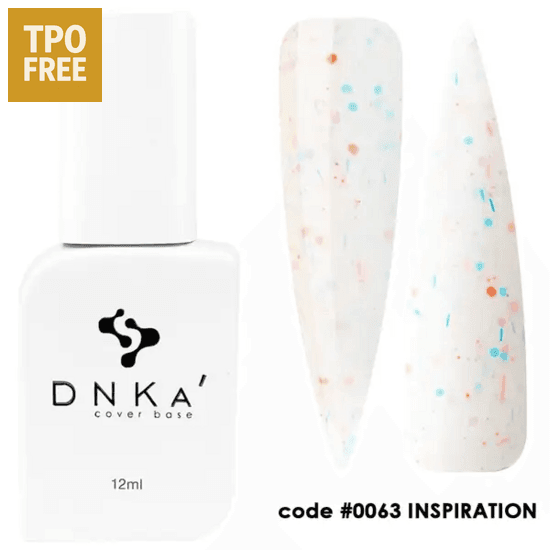 DNKa cover base gel nagellak flesje met witte basis en gekleurde confetti-decoratie