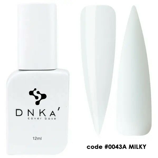 DNKa cover base milky in 12ml fles met voorbeelden van nagelafwerkingen in melkachtig wit