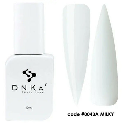DNKa cover base milky in 12ml fles met voorbeelden van nagelafwerkingen in melkachtig wit