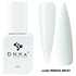 DNKa cover base milky in 12ml fles met voorbeelden van nagelafwerkingen in melkachtig wit