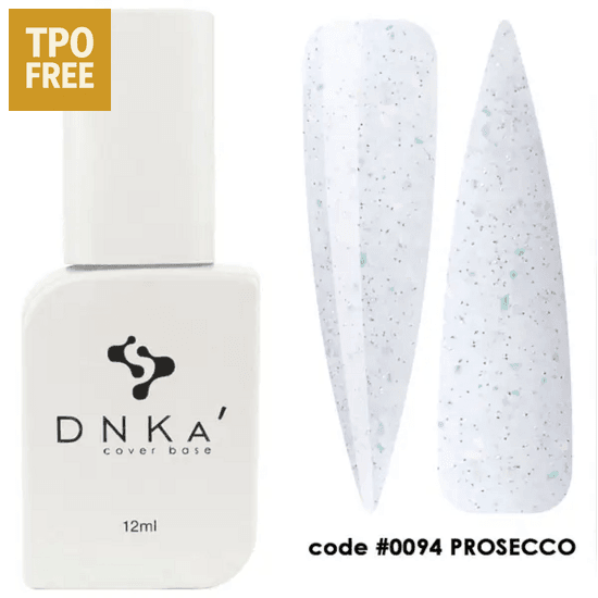 DNKa Cover Base Prosecco flesje van 12ml met transparante nagelstalen en glinsterende dekkende base