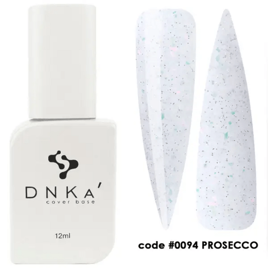 DNKa Cover Base Prosecco flesje van 12ml met transparante nagelstalen en glinsterende dekkende base