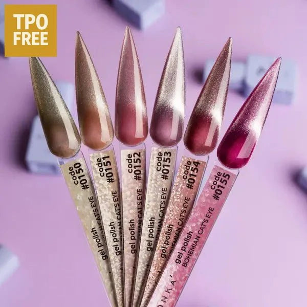 Set met zes kleuren gellak cat eye effect van DNKa met glanzende metallic tinten en scherpe punt