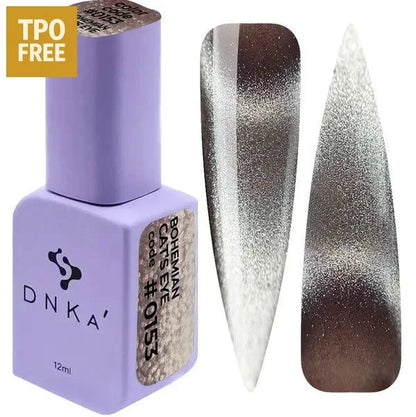 DNKa gellak cat eye effect in lilakleurige fles met twee nagelstalen in zilvergrijze tinten