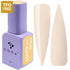Paars flesje gellak zonder TPO DNKa met kleurcode 0003 en twee nagelstalen in beige tint