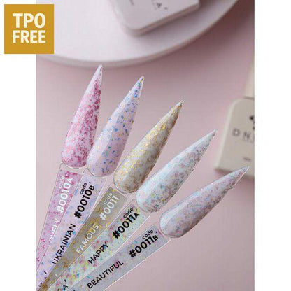 Nagelgel groothandel swatches met verschillende glitterkleuren van DNKa zonder TPO