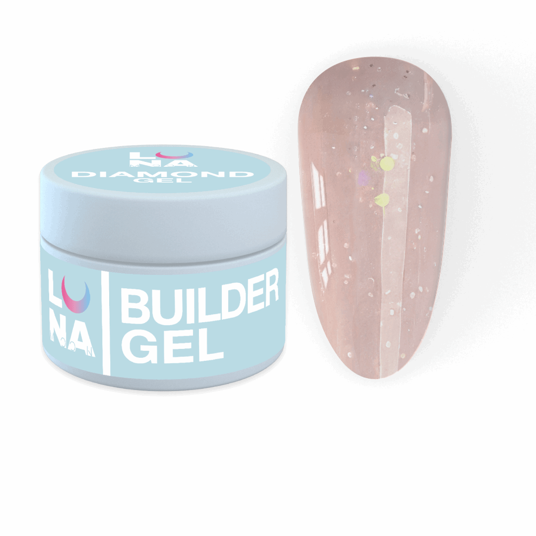LUNA Diamond Gel in een pot met een voorbeeldkleur op een nagel voor professioneel nagelontwerp