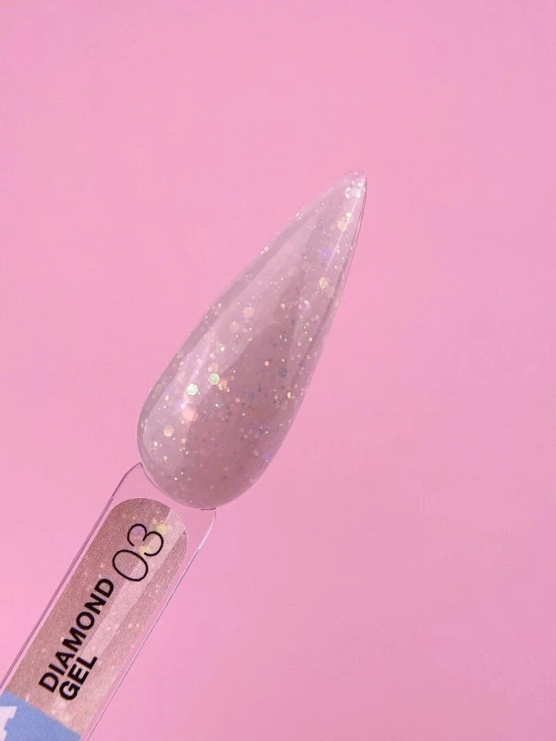 LUNA Diamond Gel 03 voorbeeldstaal met glinsterende deeltjes op een roze achtergrond