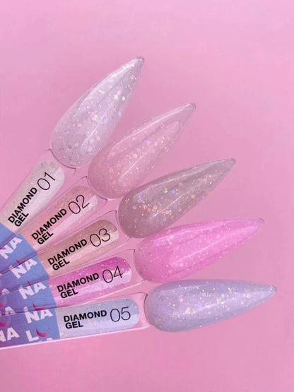 LUNA Diamond Gel nagellakken in vijf kleuren met sprankelende glitters op een roze achtergrond