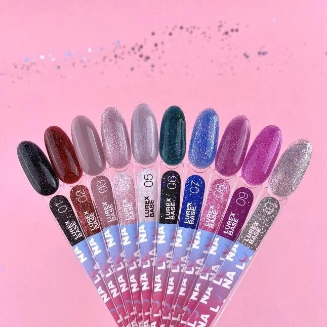 Luna Lurex Base gel kleuren op rekeningstalen met sprankelende afwerkingen voor nagelstyling