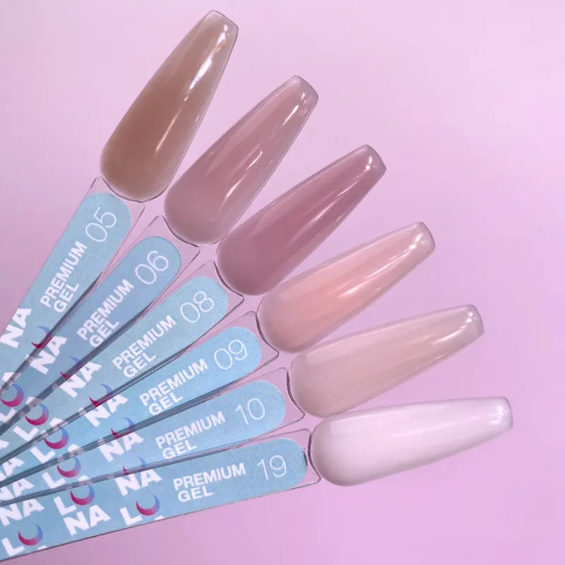 LUNA Premium Gel nagellak kleurstalen in neutrale tinten