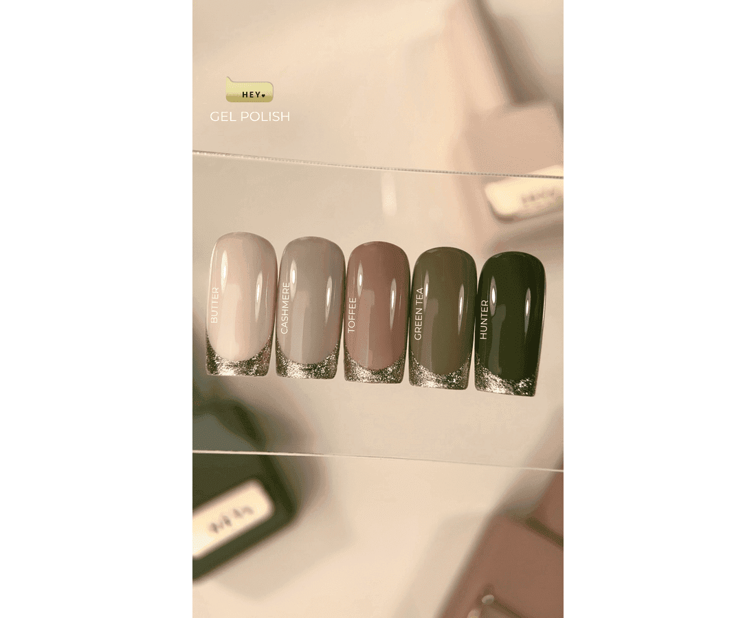 HEYLOVE gellak green tea met verschillende nagelkleuren en franjes