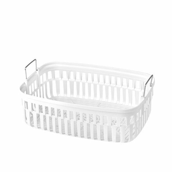 Witte mand voor het organiseren van spullen naast een professionele ultrasoon reiniger 3 liter