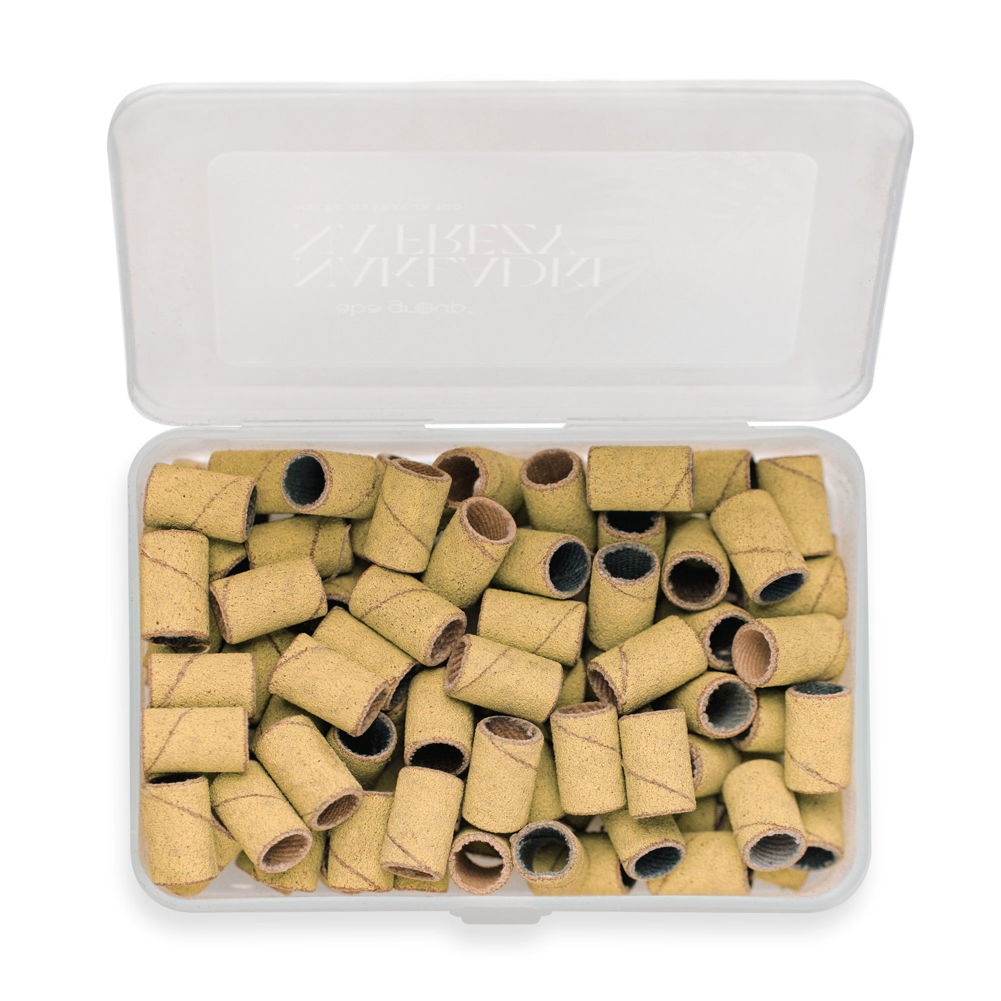 Lichte schuurrolletjes 6mm nagels in een transparante opbergdoos voor manicure benodigdheden