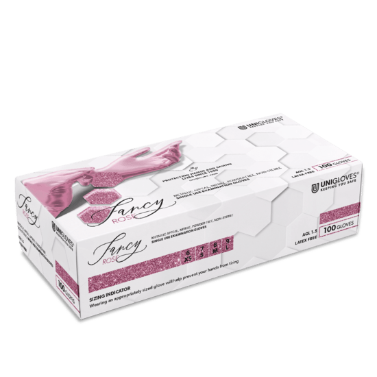 UNIGLOVES Fancy roze nitril handschoenen met pareleffect, 100 stuks in de doos