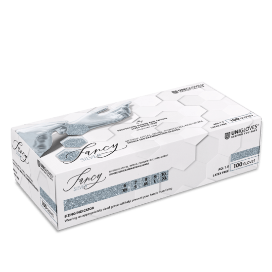 UNIGLOVES Nitril Handschoenen Met Pareleffect &quot;Fancy Silver&quot; Maat M - SimDi Beauty